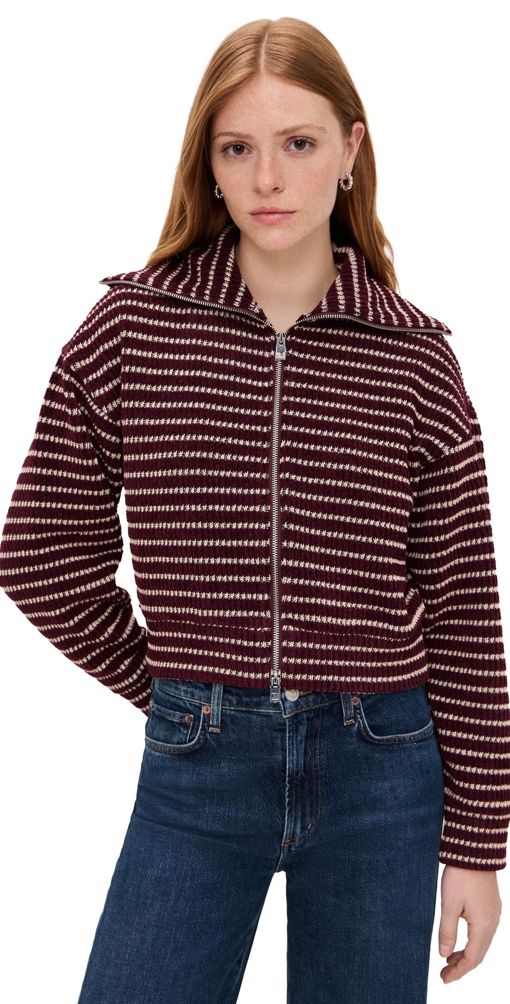 Madewell Zip Up Knit Jacket Pomegranate Stripe XXL
