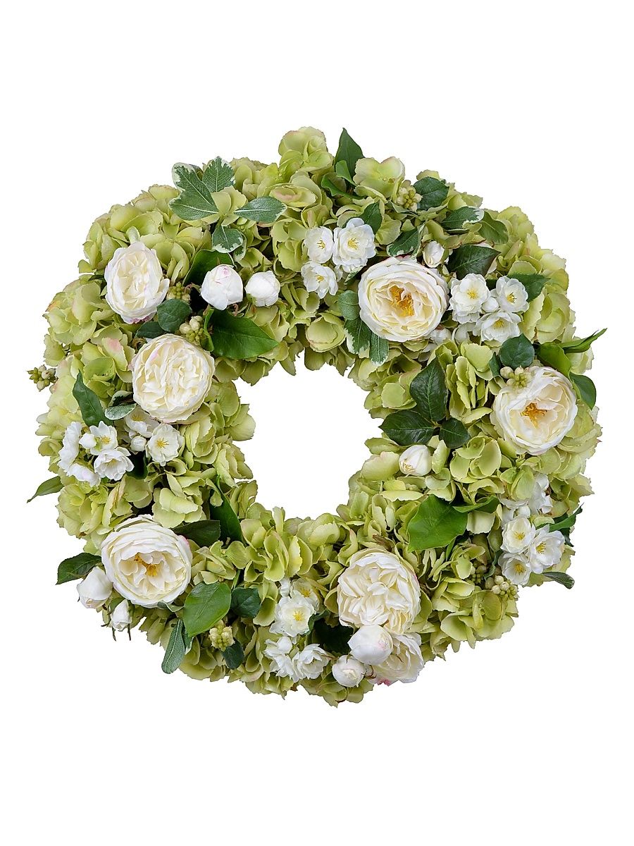 Faux Rose Hydrangea Wreath - White Green