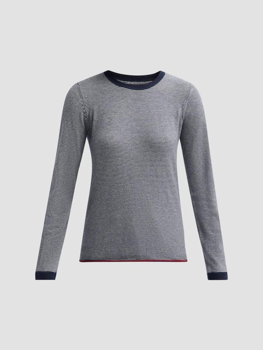 Majestic Filatures Women's Stripe Cashmere Long-Sleeve Crewneck T-Shirt - Marine - Size Large