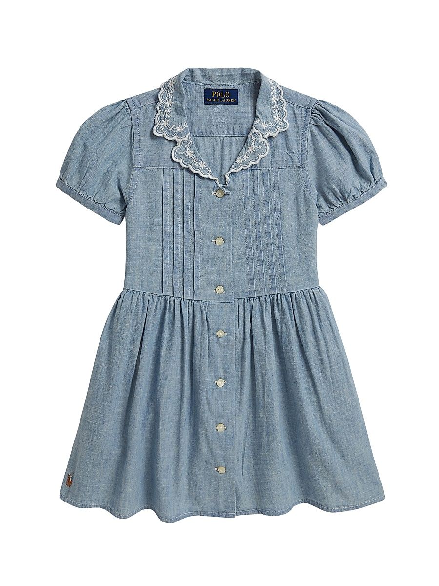 Little Girl's & Girl's Embroidered-Collar Cotton Chambray Dress - New Medium Wash - Size 3