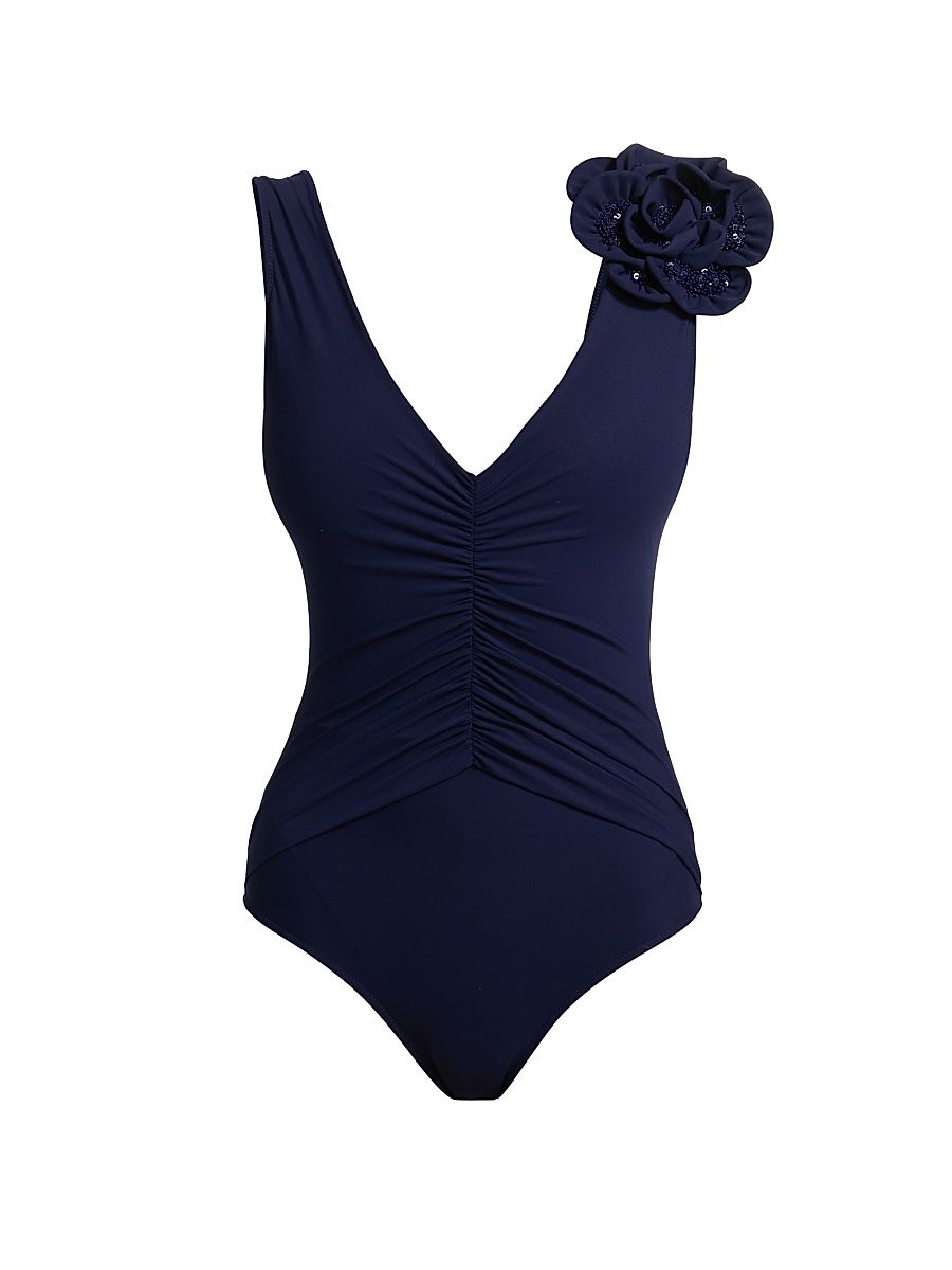 Women's Feba Sequin-Embellished Rosette One-Piece Swimsuit - Blue Notte - Size 8