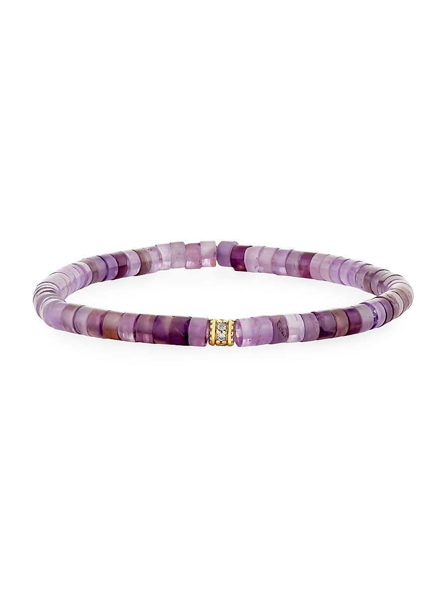 Women's Under The Sea 14K Yellow Gold, 0.07 TCW Diamond & Amethyst Beaded Stretch Bracelet - Light Amethyst