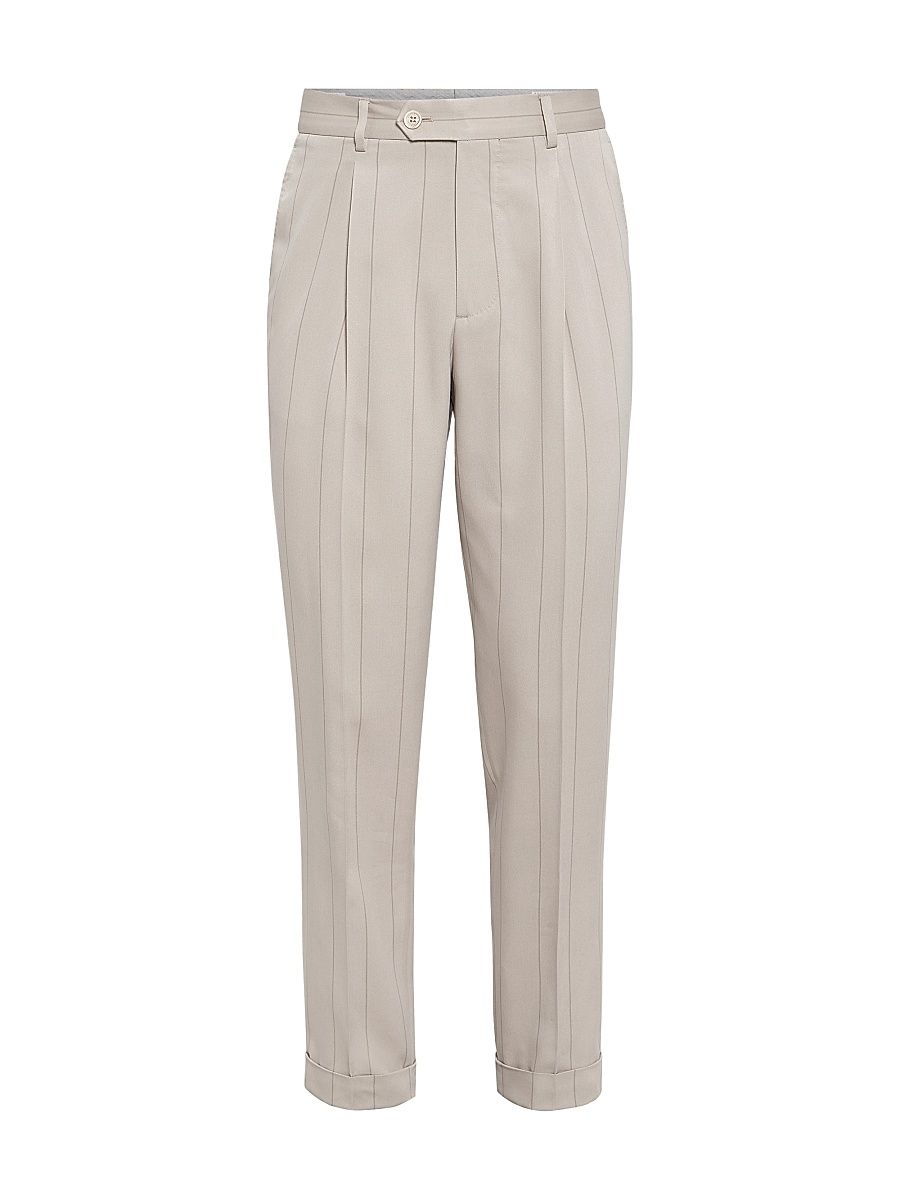 Men's Silk Wide Chalk Stripe Twill Leisure Fit Trousers with Pleat - Ivory - Size 46
