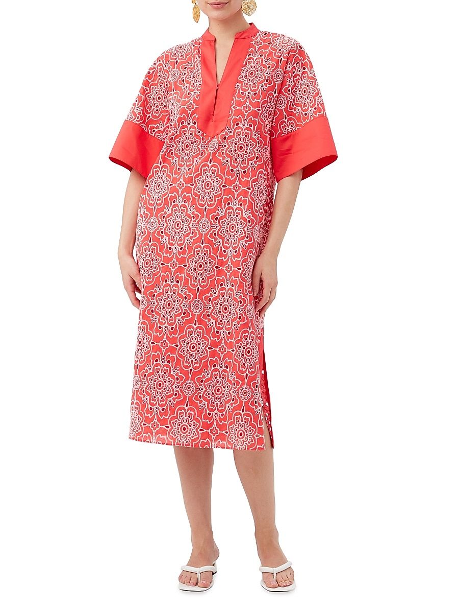 Women's Villa Cotton Eyelet Midi-Dress - Capri Coral Whitewash - Size Small