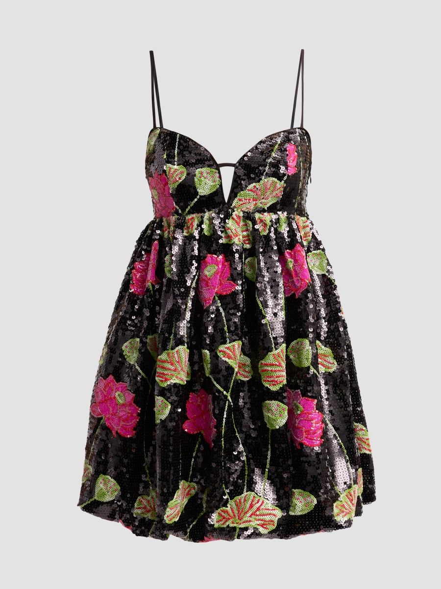 Farm Rio Women's Floral Sequin-Embellished Balloon Mini Dress - Black - Size XS