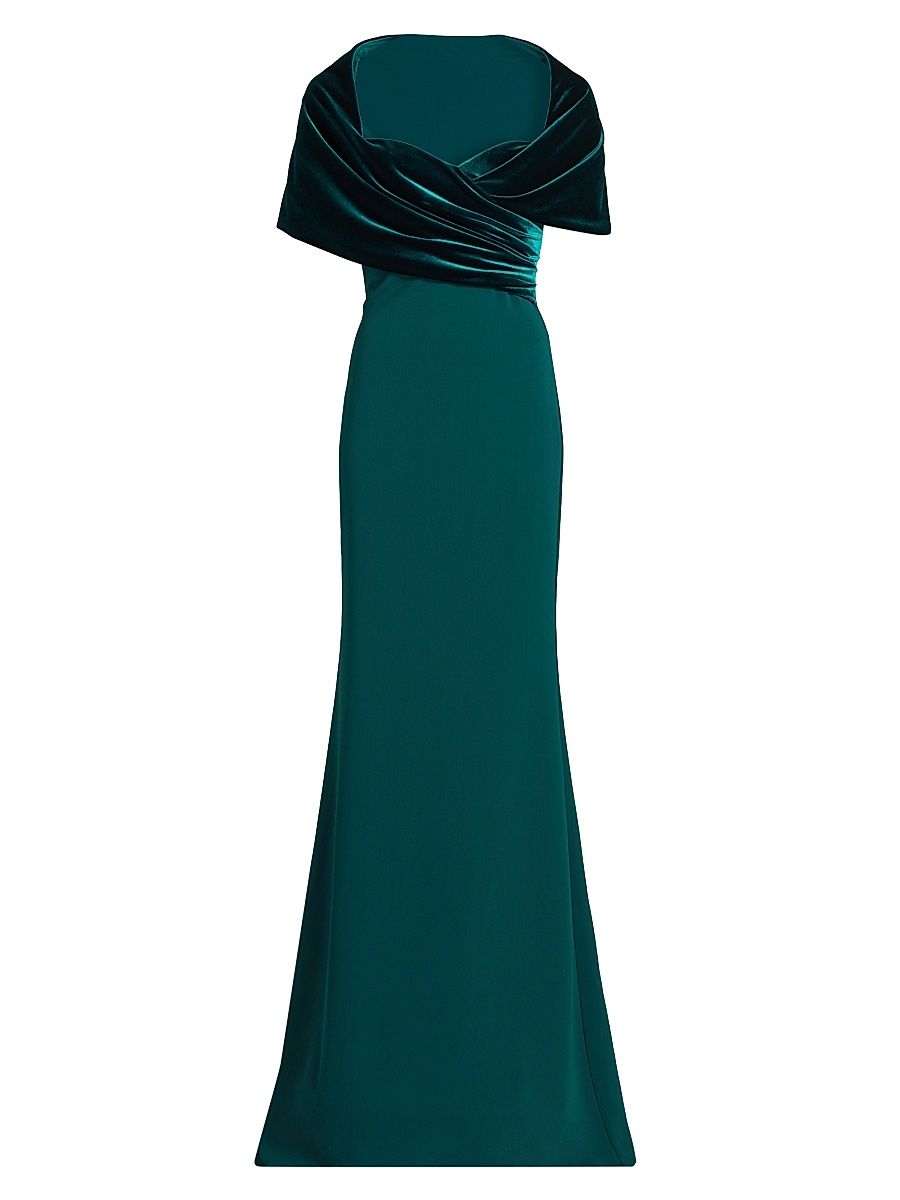 Women's Stretch-Crepe Shawl-Collar Gown - Teal - Size 4
