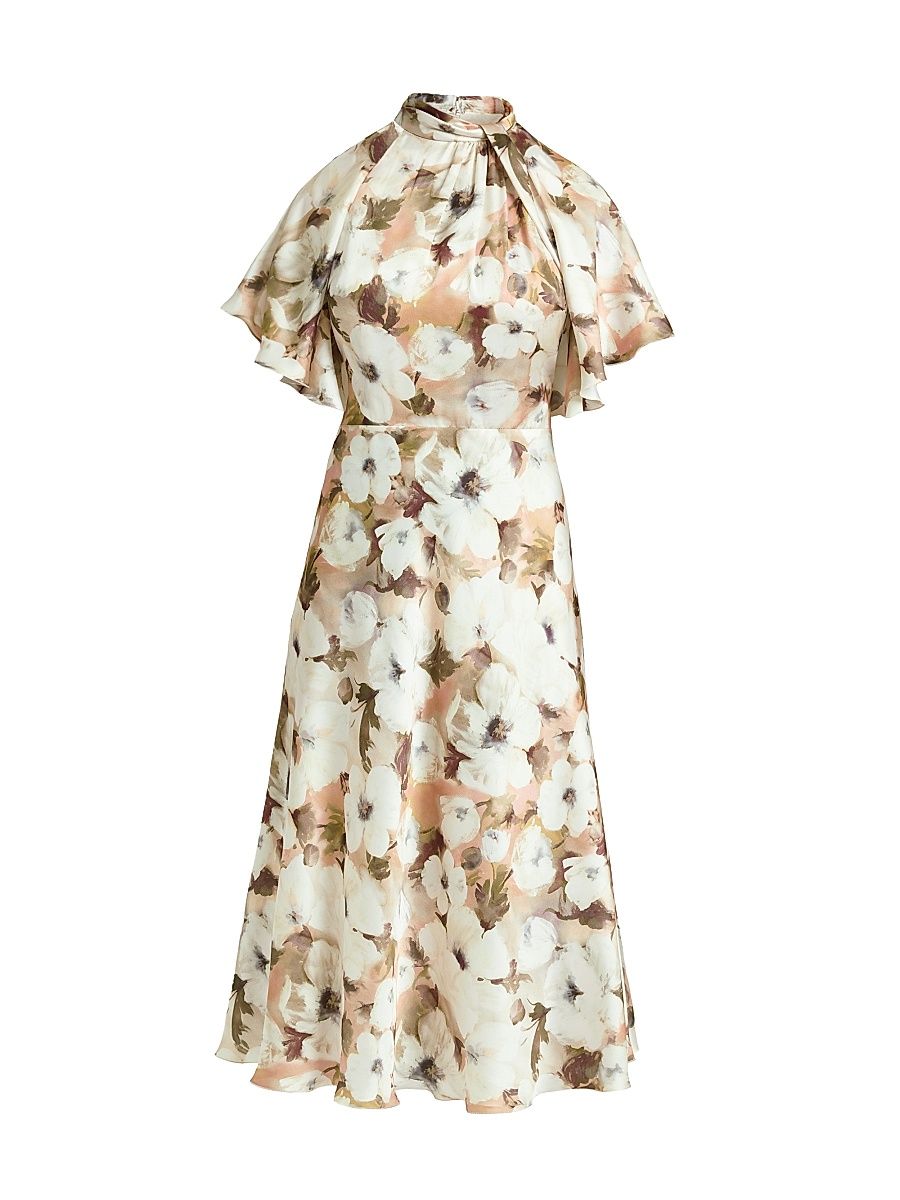 Women's Floral Georgette Cape-Sleeve Midi-Dress - Peach Whip - Size 10