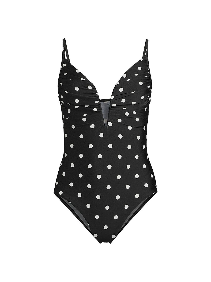 Women's Polka Dot V-Wire One-Piece Swimsuit - Black White - Size Large