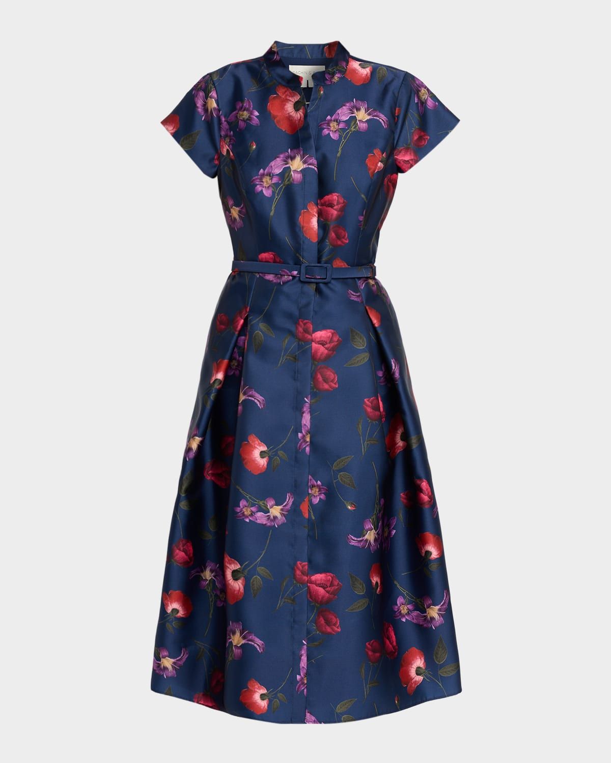 Martine Pleated Floral-Print Mikado Midi Dress