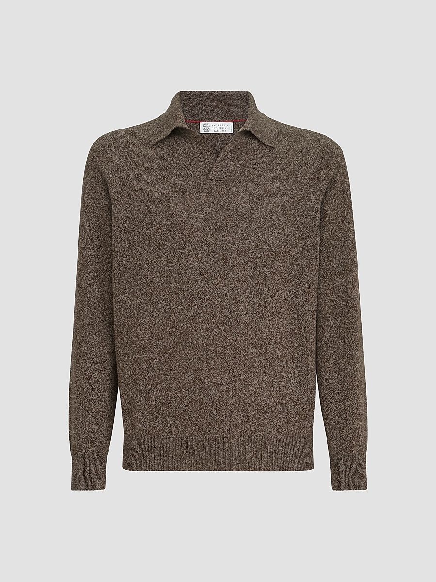 Men's Mouliné Cashmere Knit Polo Shirt - Brown - Size 46