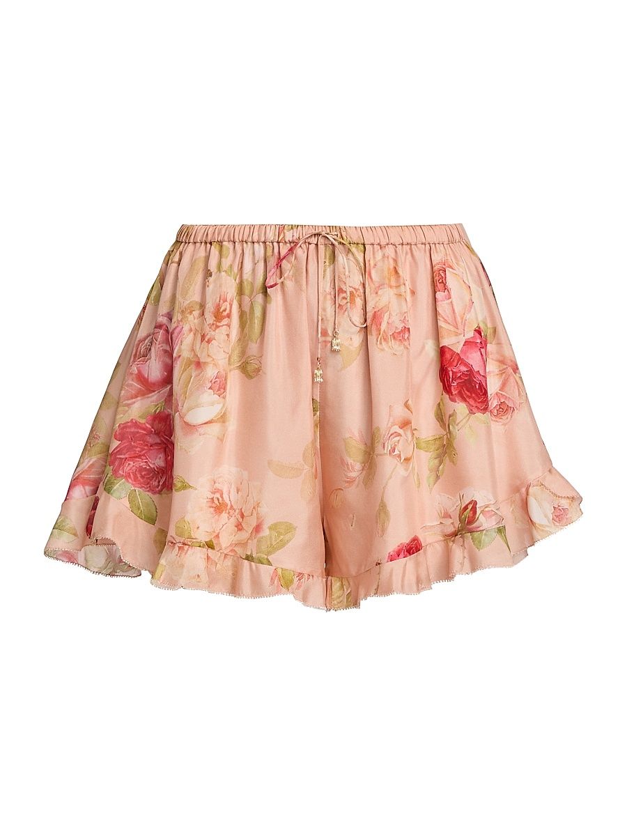 Women's Roselight Floral Silk Frill Shorts - Pink Rose Floral - Size 10