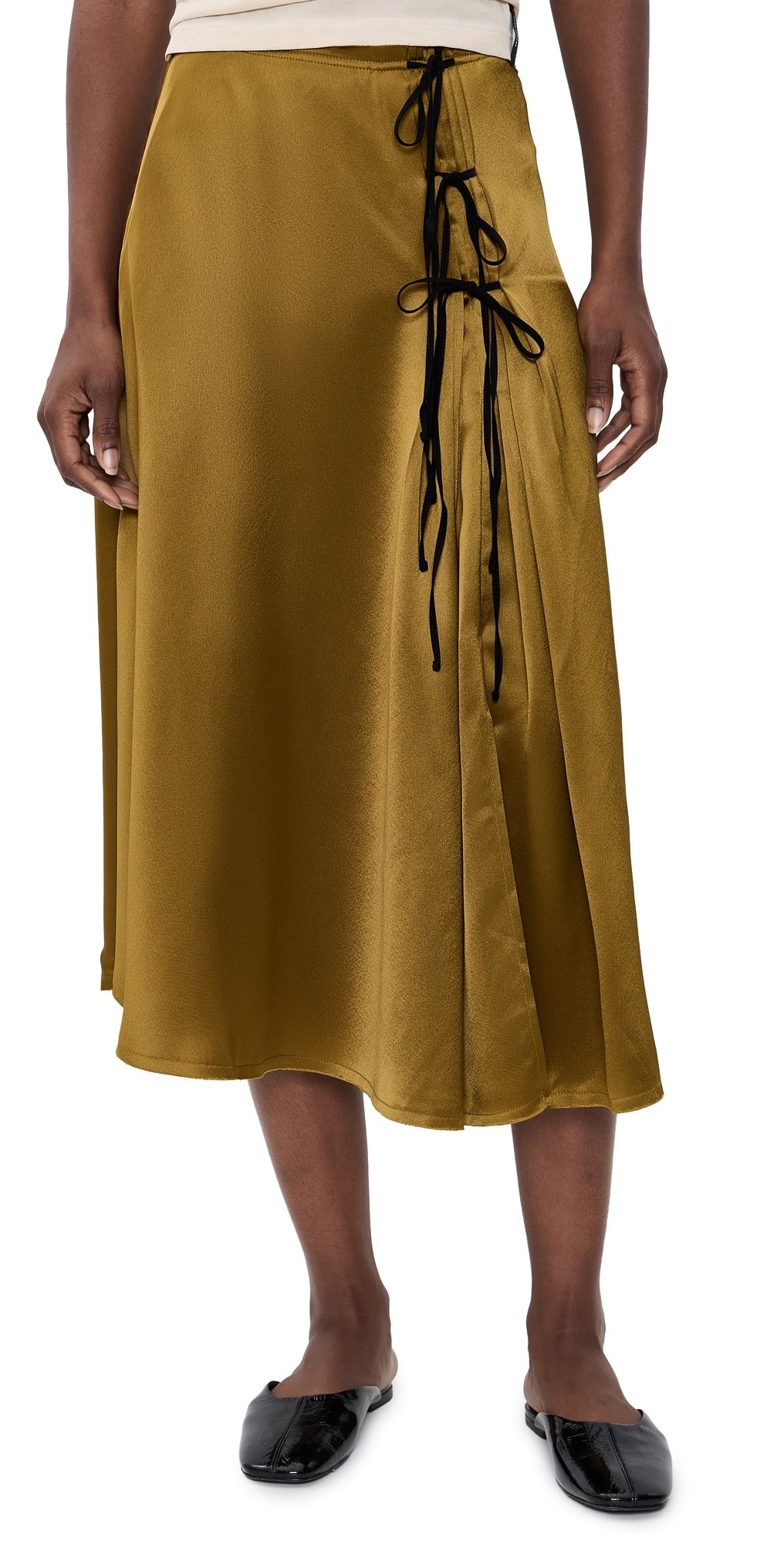 GANNI Fluid Satin Tie String Midi Skirt Ecru Olive 32