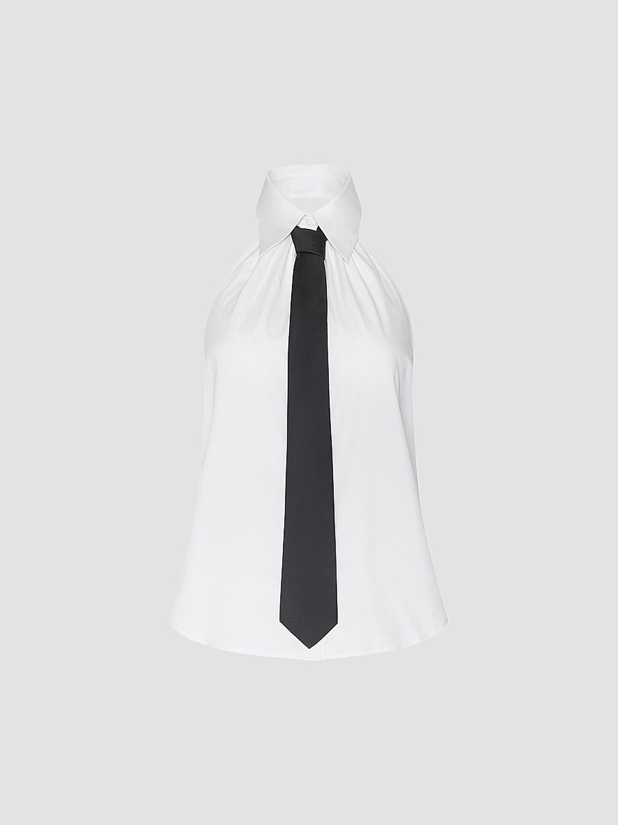 L'AGENCE Women's Wren Necktie Halter Top - White Black - Size XS
