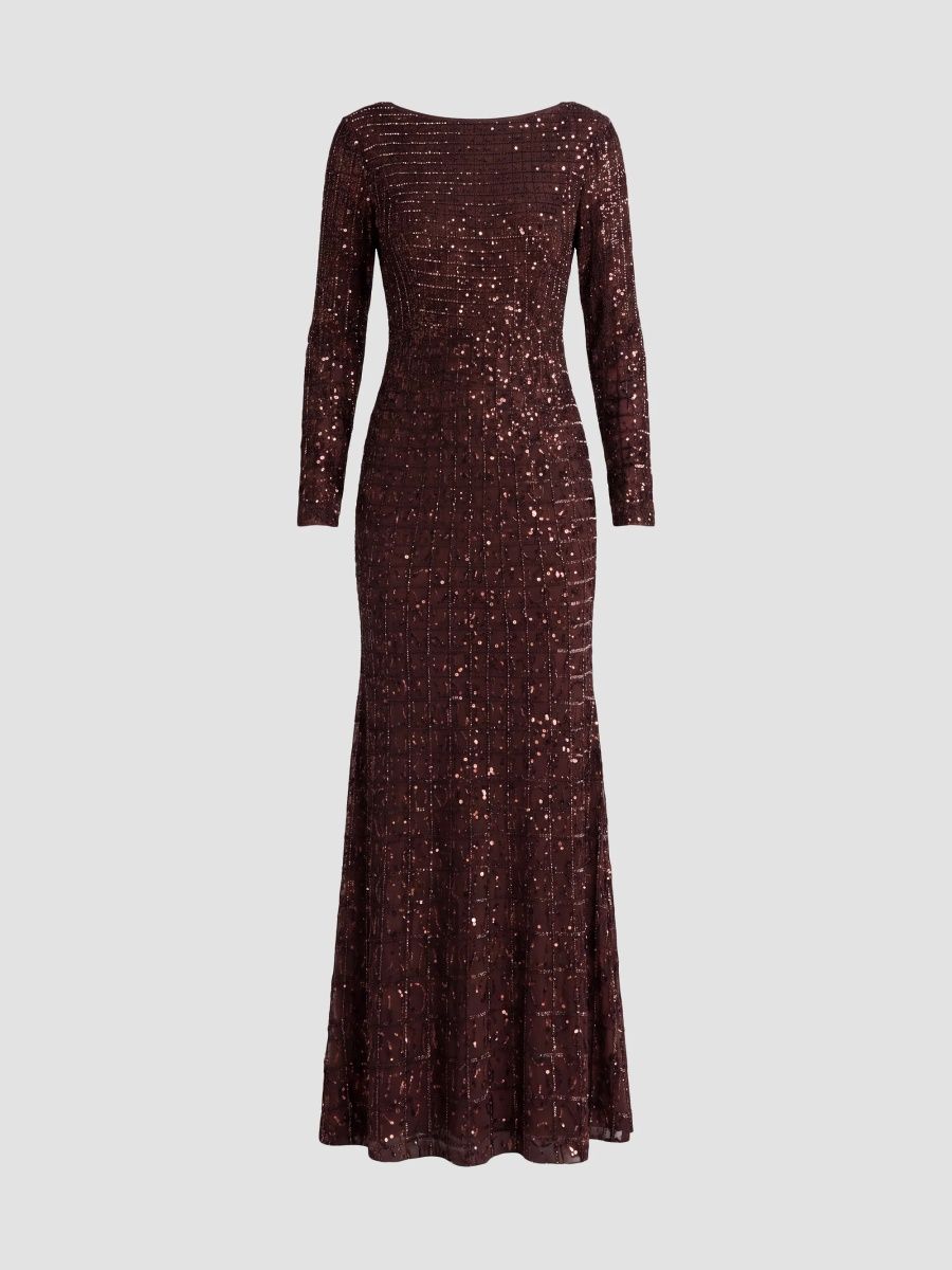 Mac Duggal Women's Grid Embellished Long-Sleeve Gown - Chocolate - Size 10