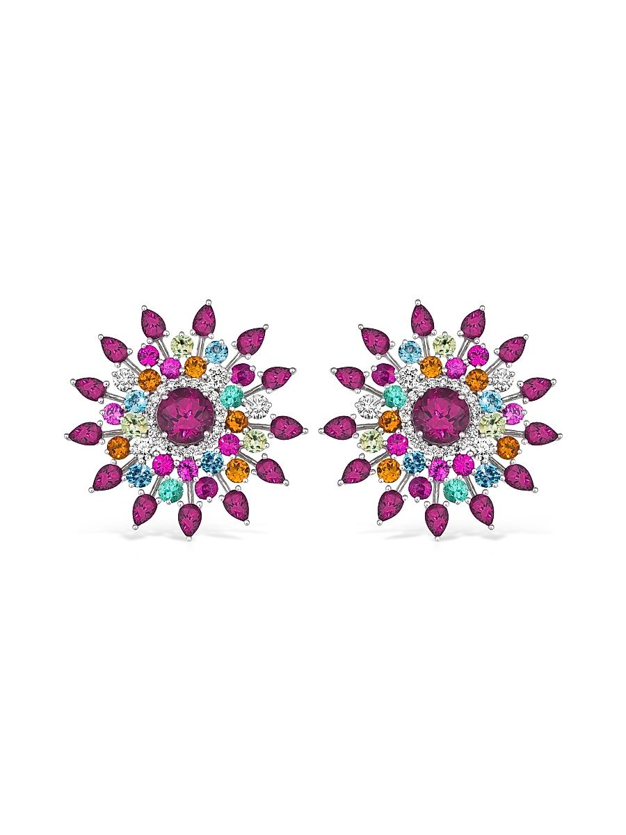 Women's Amazonia Cocar 18K White Gold & Multi-Gemstone Flower Stud Earrings - White Gold