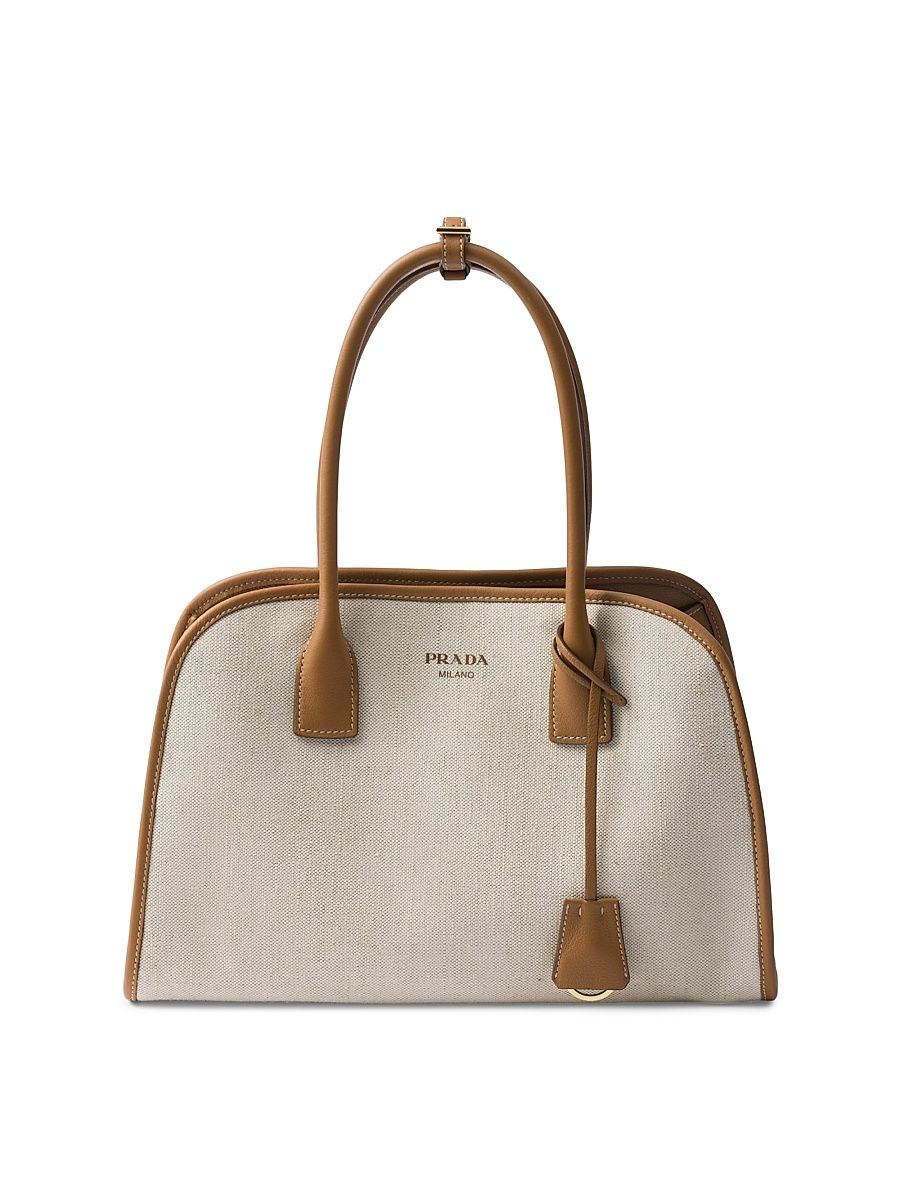 Women's Medium Linen Blend and Leather Tote Bag - Brown