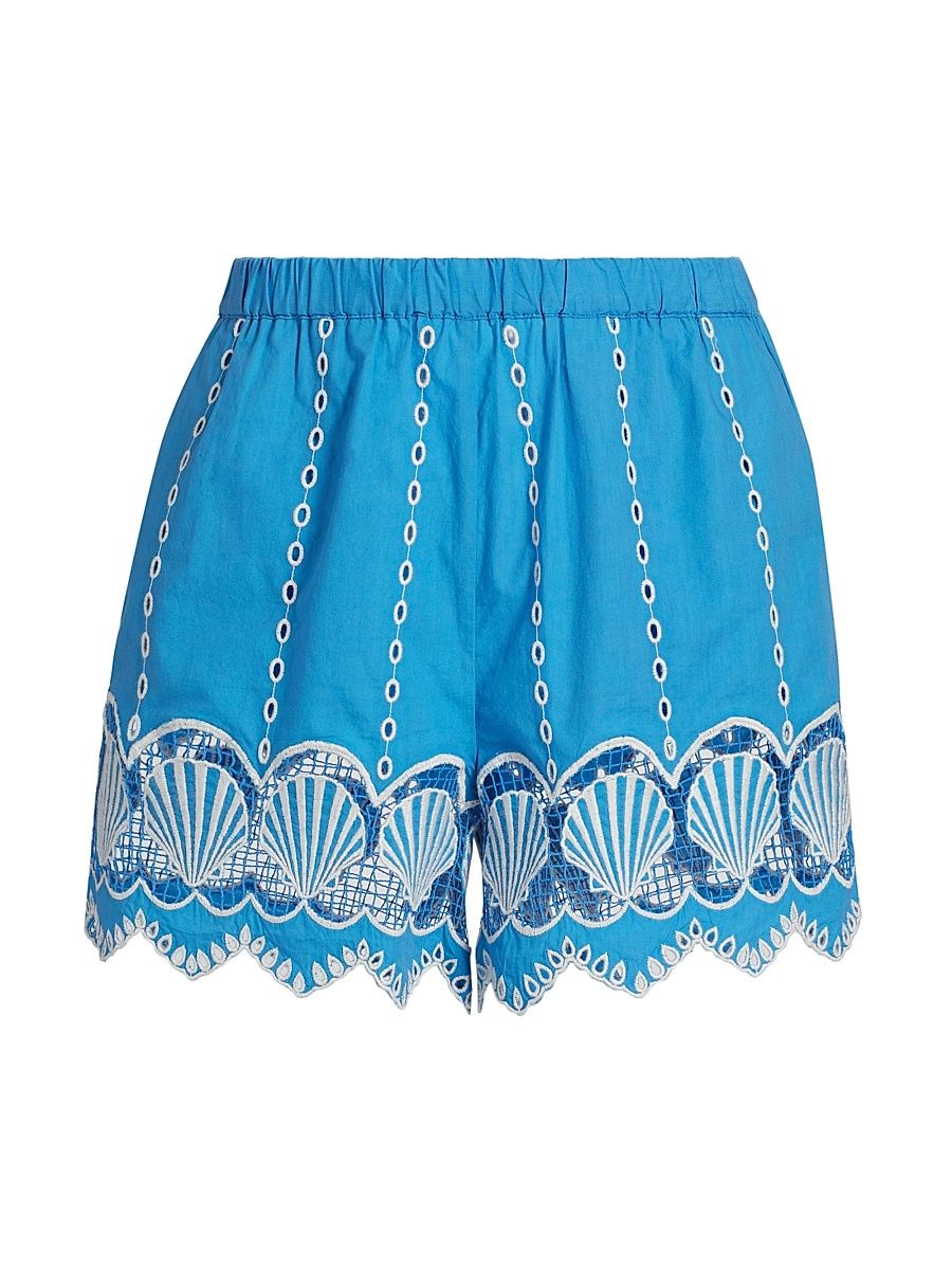 Women's Mai Embroidered Cotton Shorts - French Blue - Size Large