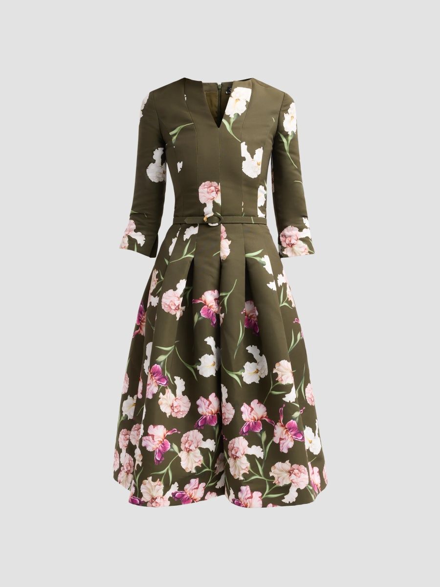 Oscar de la Renta Women's Resort Painted Iris Dégradé Faille Midi Dress - Dark Moss Multi - Size 16