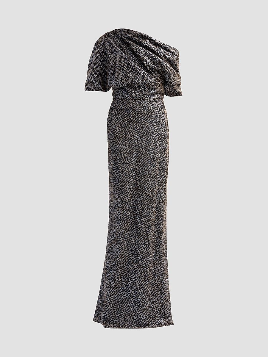 Women's Brocade Draped One-Shoulder Gown - Ice Blue Multi - Size 2