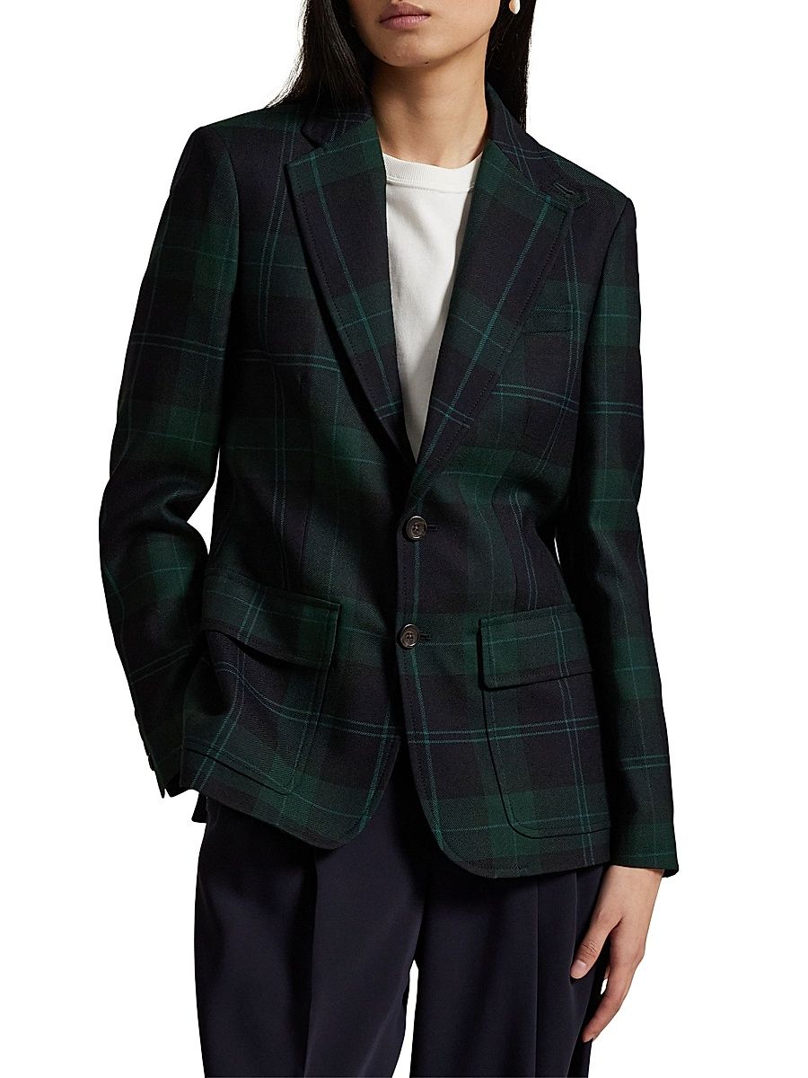 Women's Plaid Wool Blazer - Green Navy Multi Tartan - Size 4