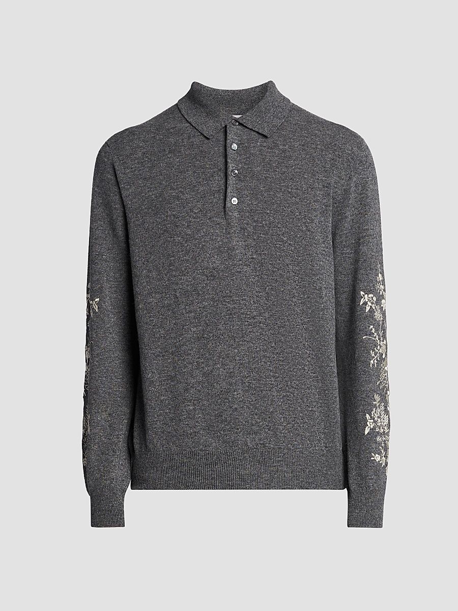 Men's Floral Embroidered Wool Long-Sleeve Polo Shirt - Grey Ivory - Size 42