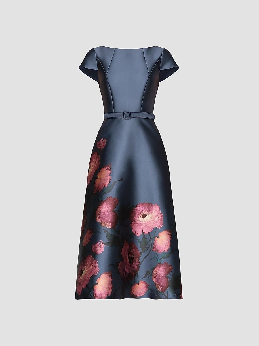 Women's Ina Mikado Poppy Tea-Length Cocktail Dress - Chambray Multi - Size 6