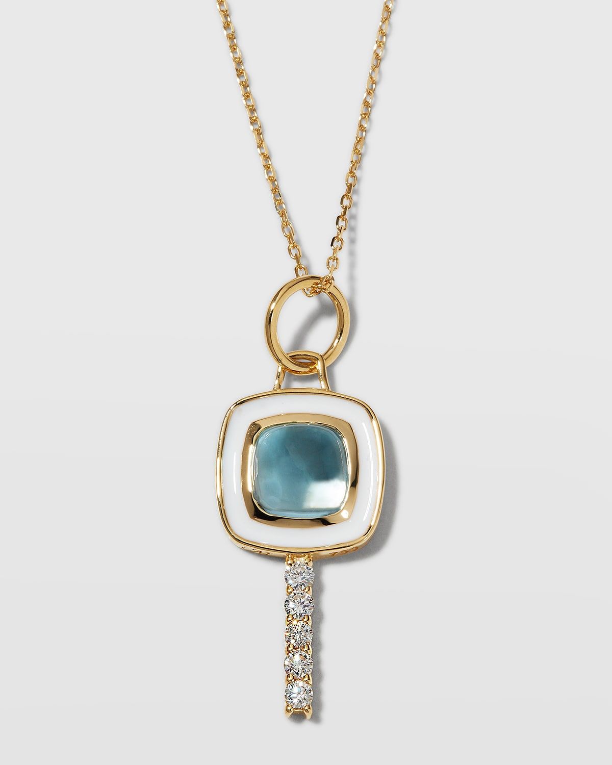18K Yellow Gold Mini Cushion Key Necklace with White Enamel, Blue Topaz, and Diamonds