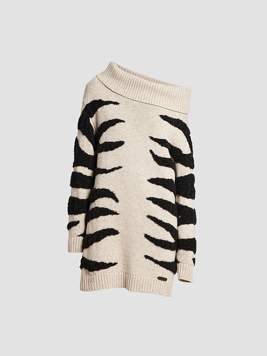 Women's Zebra-Pattern Wool-Blend Off-Shoulder Mini Dress - Multi Ivory - Size 12