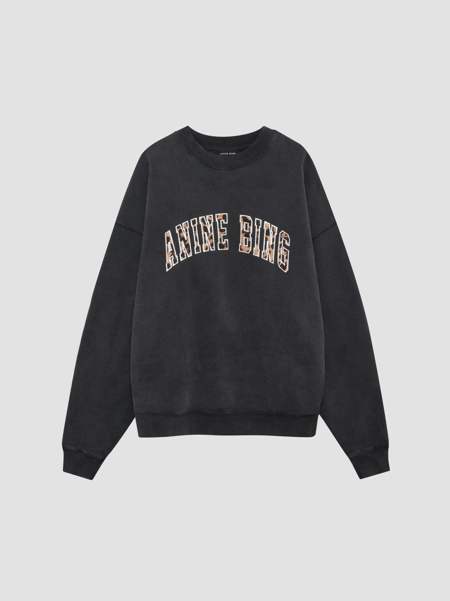 ANINE BING Women's Miles Leopard-Printed Logo Cotton Sweatshirt - Black - Size XS