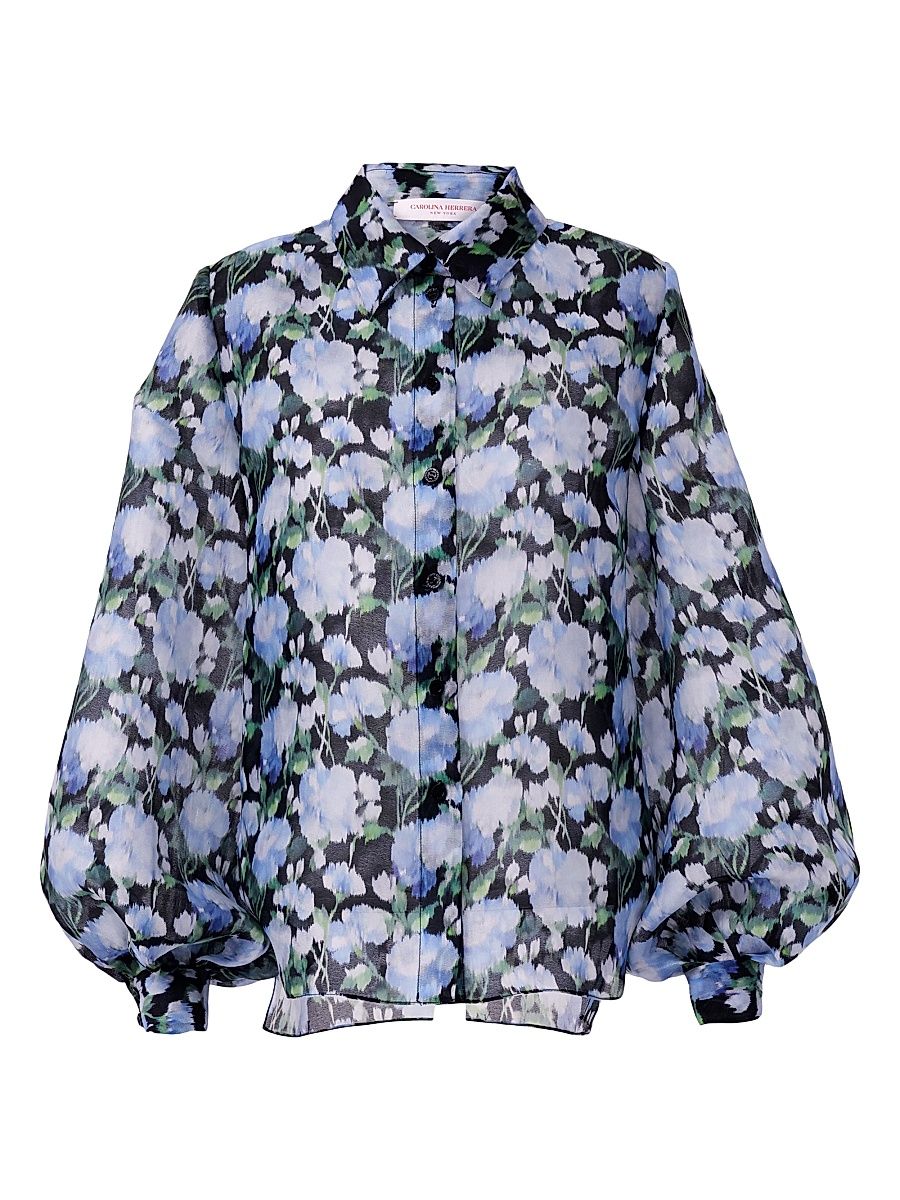 Women's Floral Silk Balloon-Sleeve Button-Front Blouse - Blue Multi - Size 10