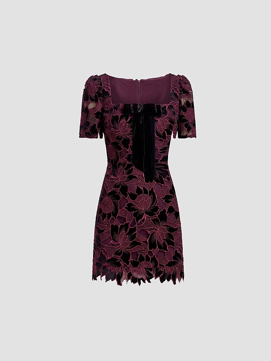 Women's Clarke Bow-Front Velvet Lace Mini Dress - Deep Plum Multi - Size XL