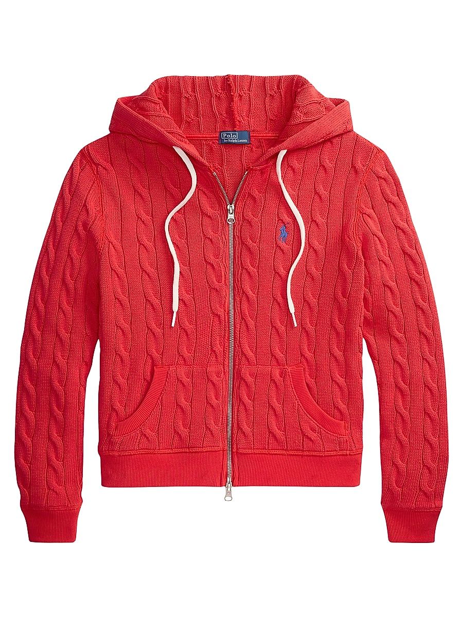 Women's Cable-Knit Cotton Zip-Front Hoodie - Bright Hibiscus - Size XXL