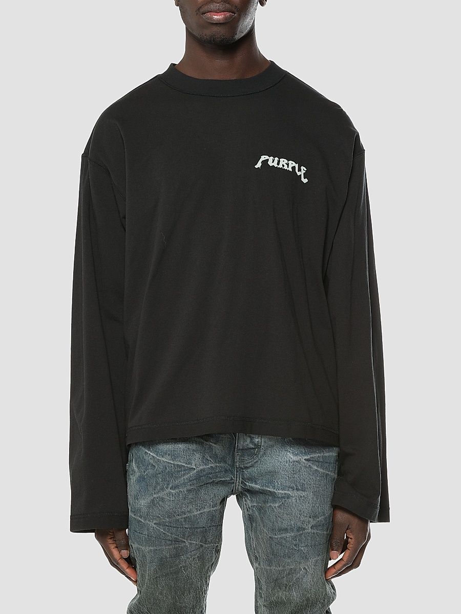 Men's Printed Cotton Crop Long-Sleeve T-Shirt - Black - Size XXL