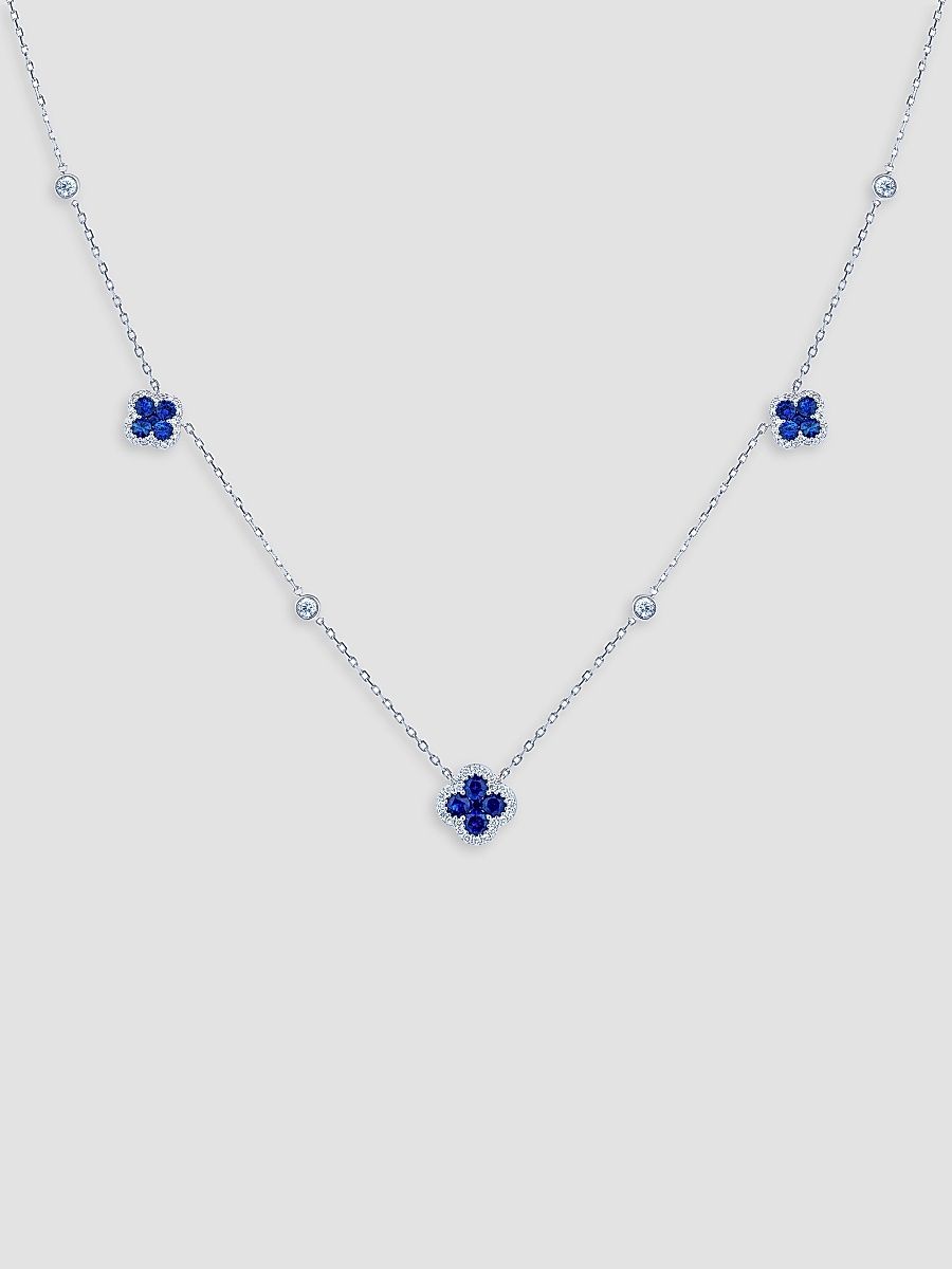 Women's 18K White Gold, Blue Sapphire & 0.83 TCW Diamond Clover Station Necklace - White Gold