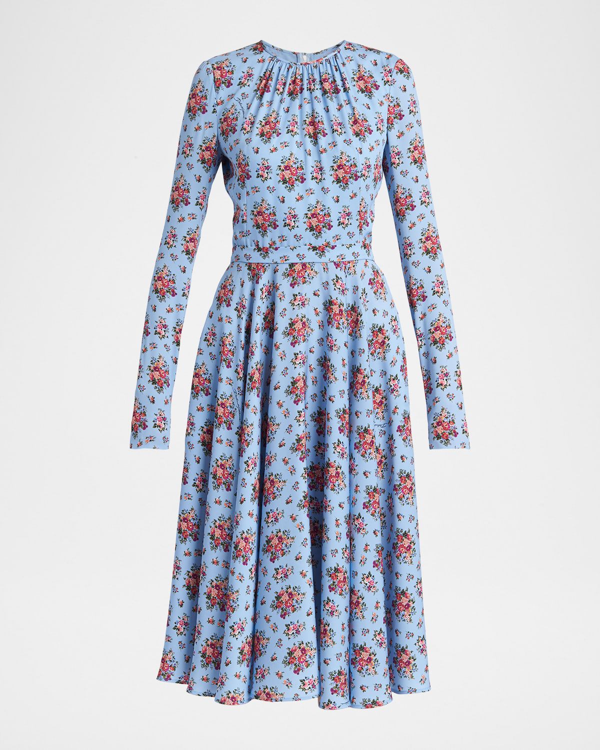 Floral Silk Long-Sleeve Midi Dress