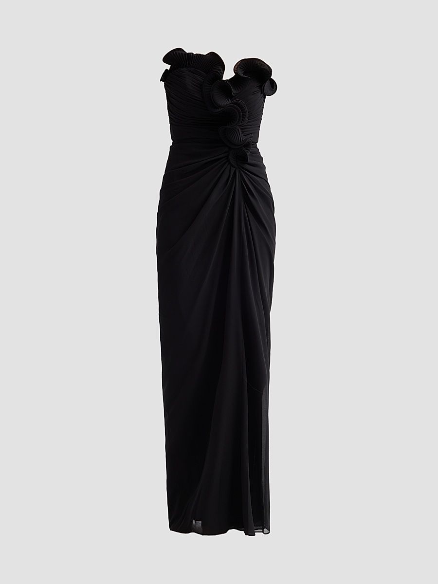 Women's Pleated Ruffle Chiffon Column Gown - Black - Size 16
