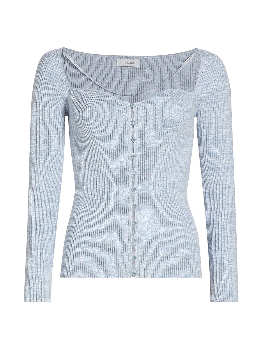 Women's Cotton & Cashmere Ribbed Sweetheart Cardigan - Ice Blue - Size Small