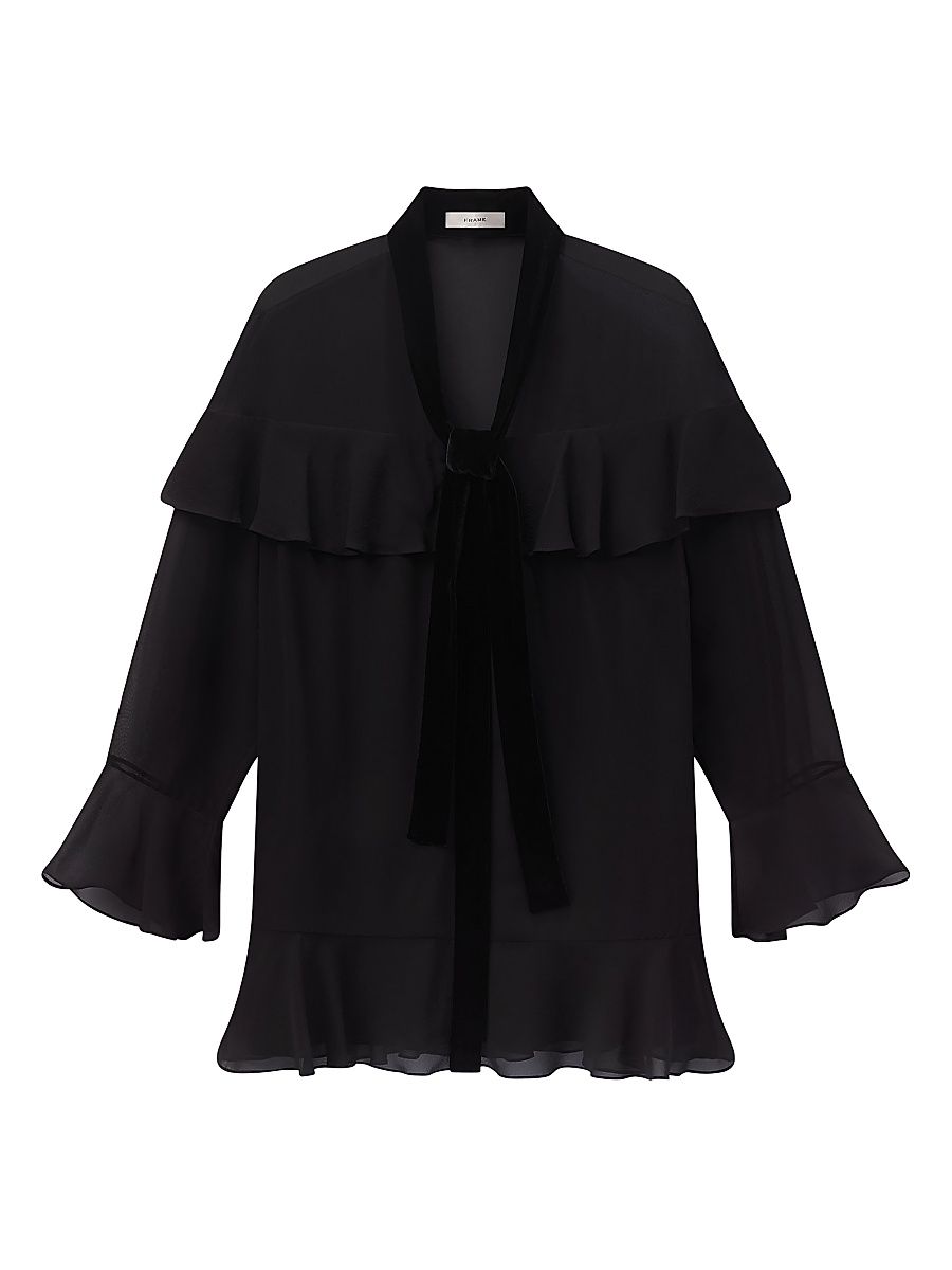 Women's Ruffled Velvet-Trim Silk-Blend Minidress - Black - Size Large