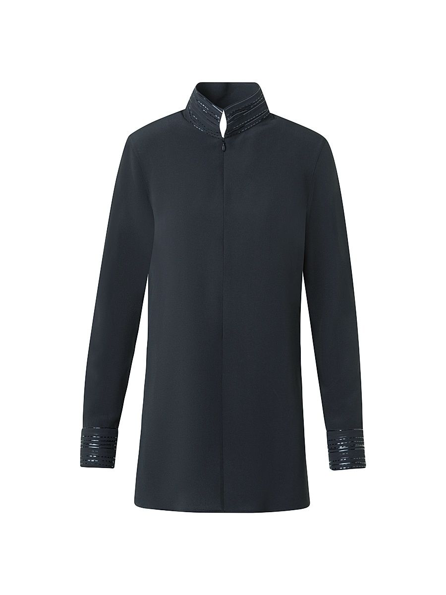 Women's Ribbon Foil Silk Crêpe Tunic Blouse - Black - Size 6