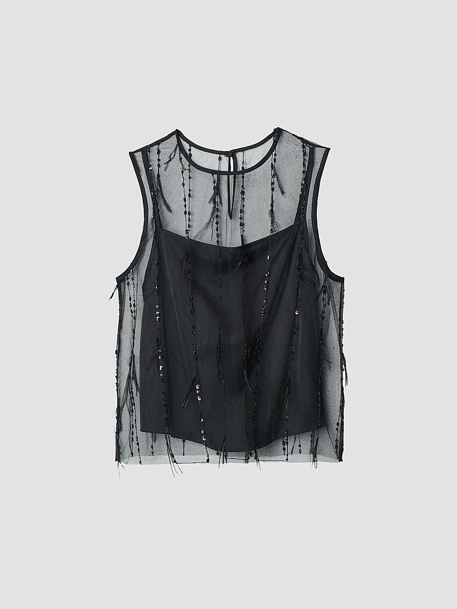 rag & bone Women's Geena Sheer Embellished Tank - Black - Size XL