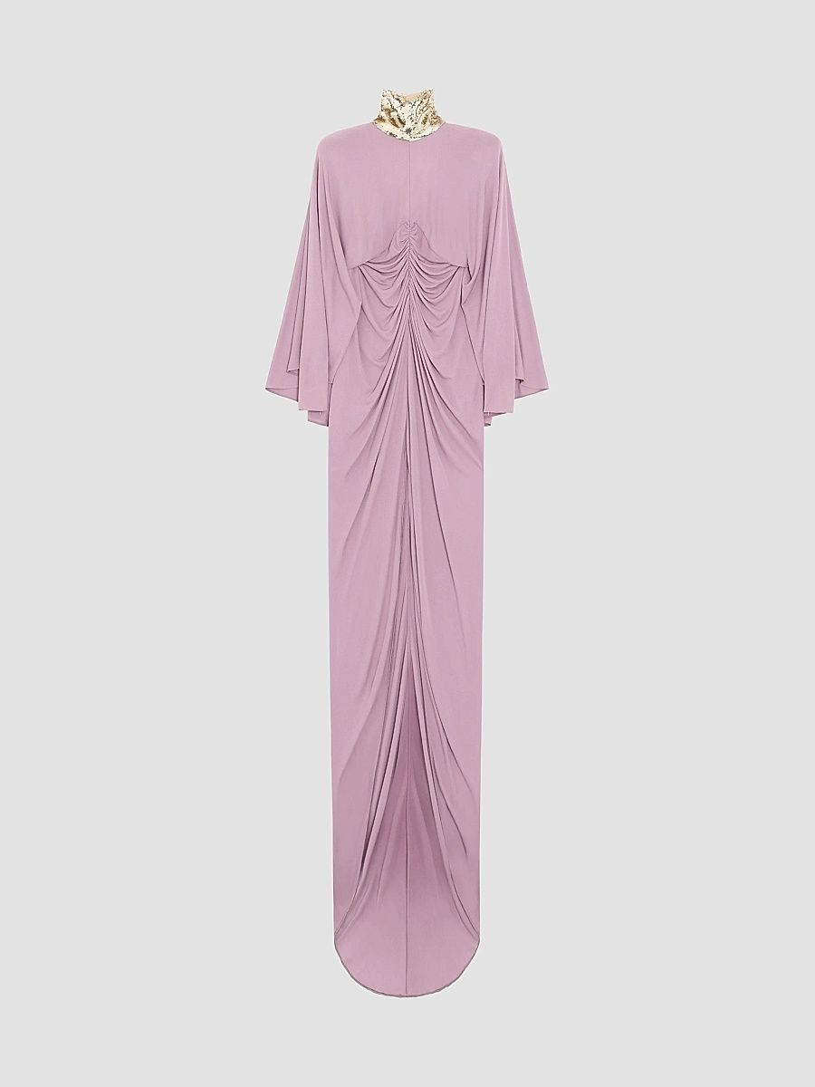 Women's Long Dress in Embroidered Jersey Crepe - Lilac - Size 14