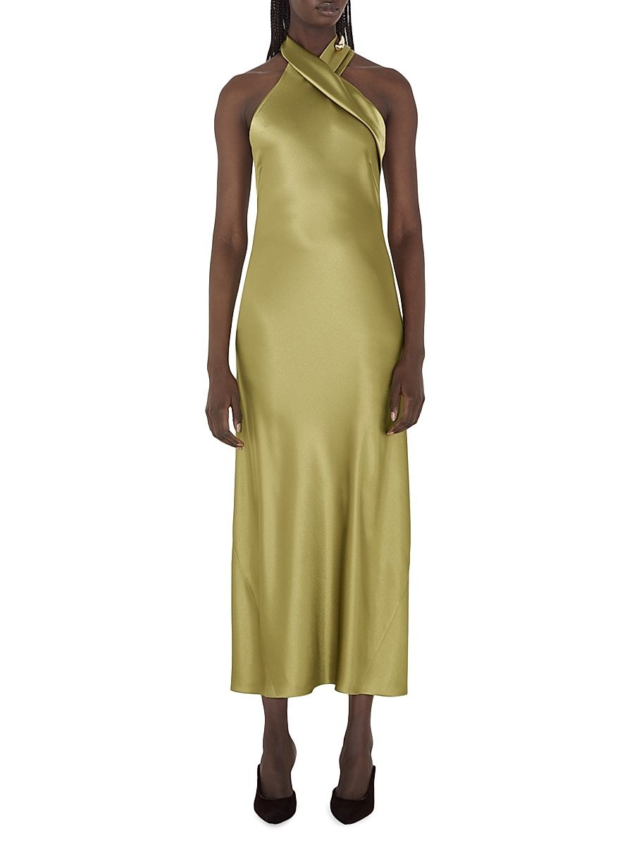Women's Pandora Satin Halterneck Midi-Dress - Olive - Size 4
