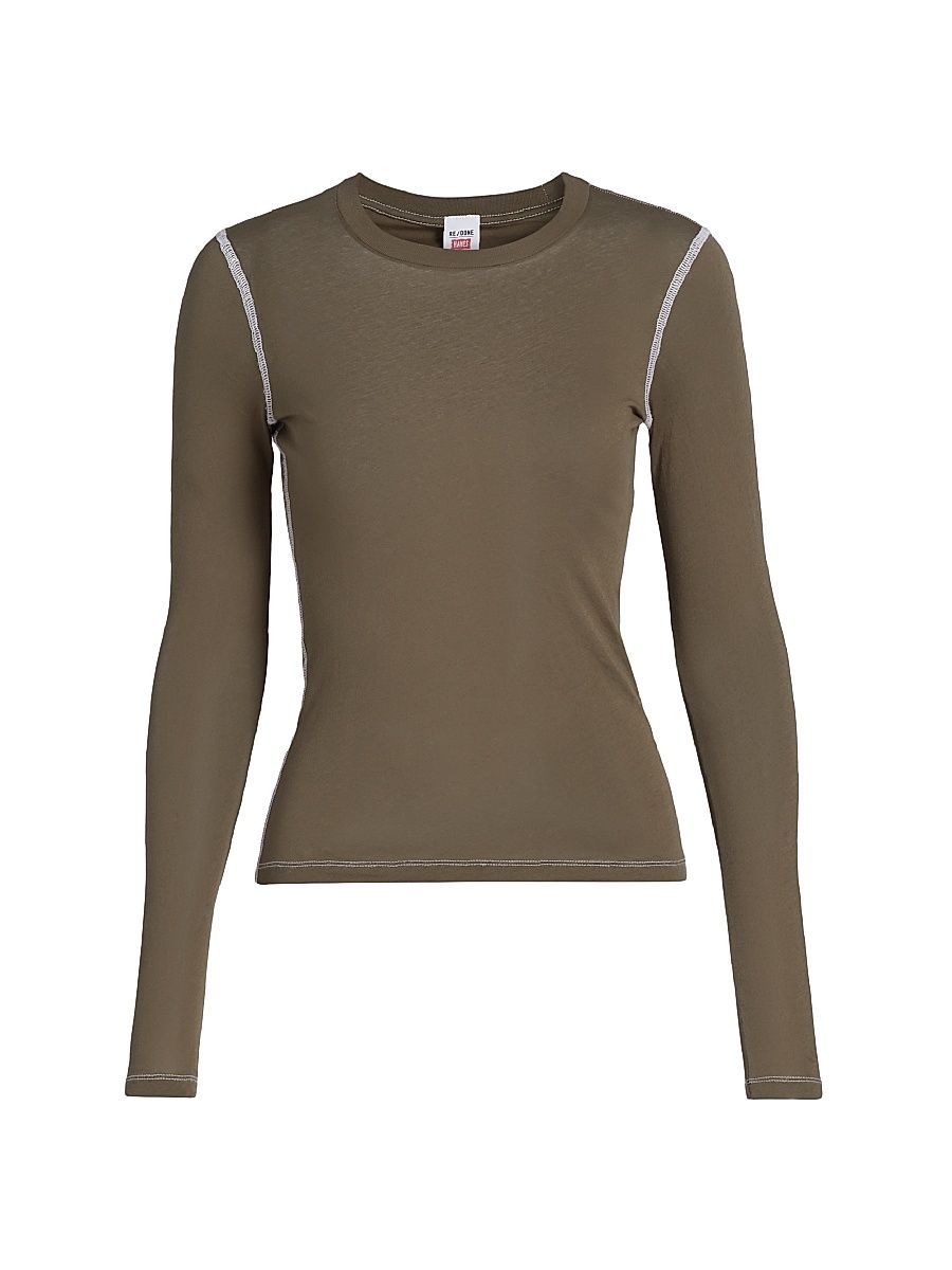 Women's Floral Jersey Long-Sleeve Top - Cypress With White - Size Large