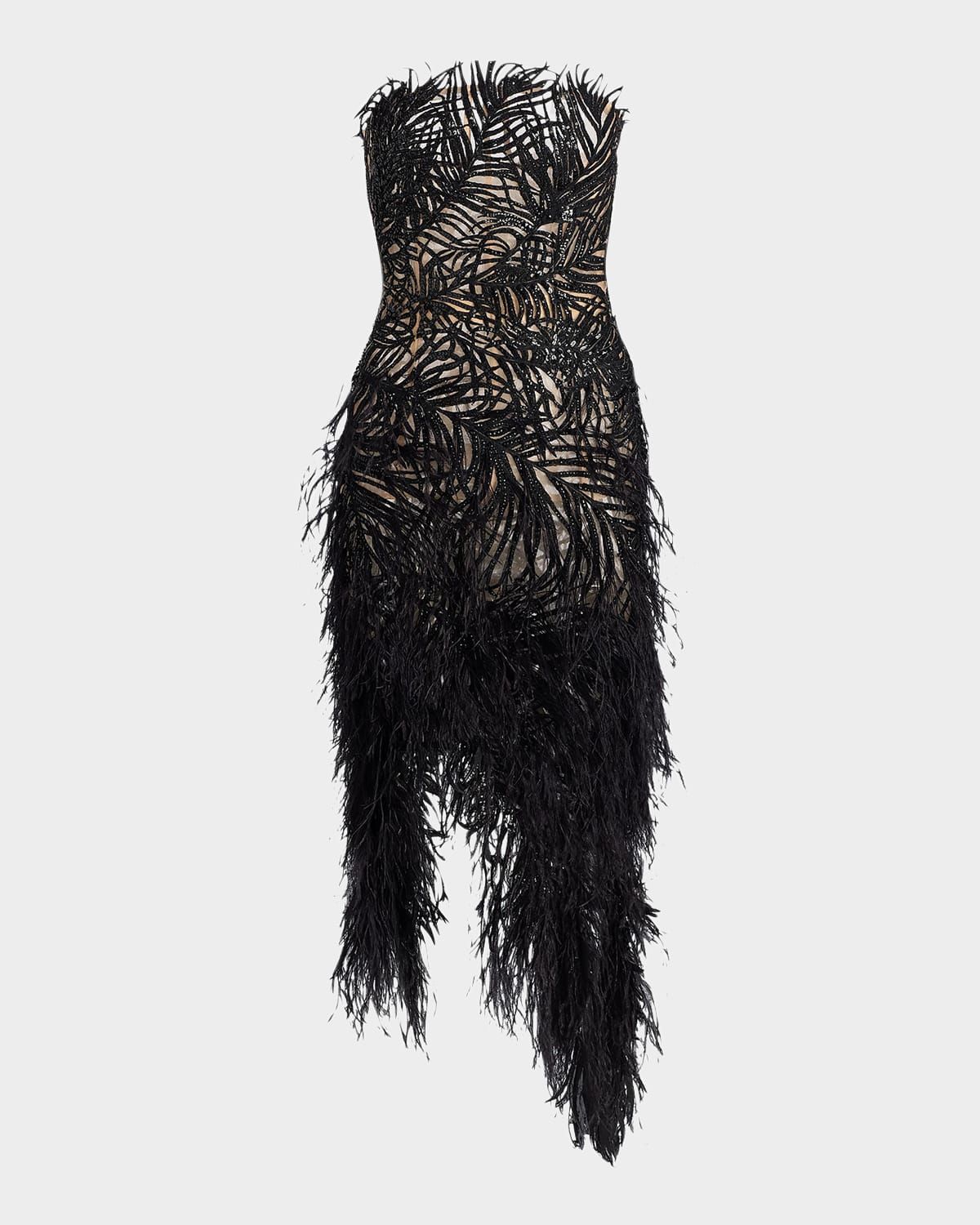Feather Embroidered Strapless Cocktail Dress