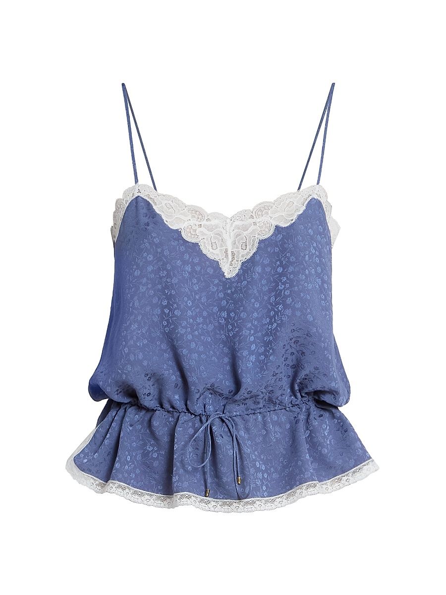 Women's Floral Lace-Trim Silk Top - Washed Blue - Size 4