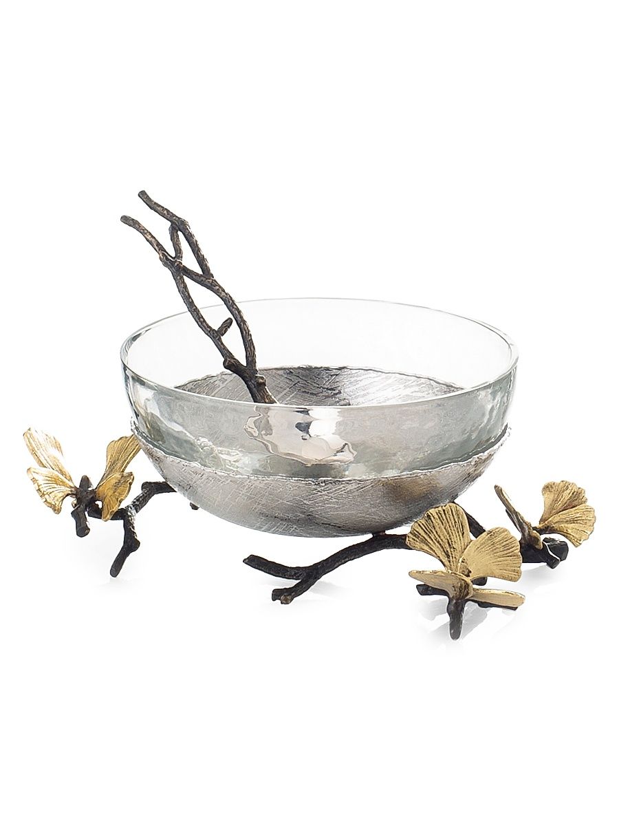 Butterfly Ginkgo 3-Piece Glass Nut Dish, Stainless Steel Nut Dish & Spoon Set