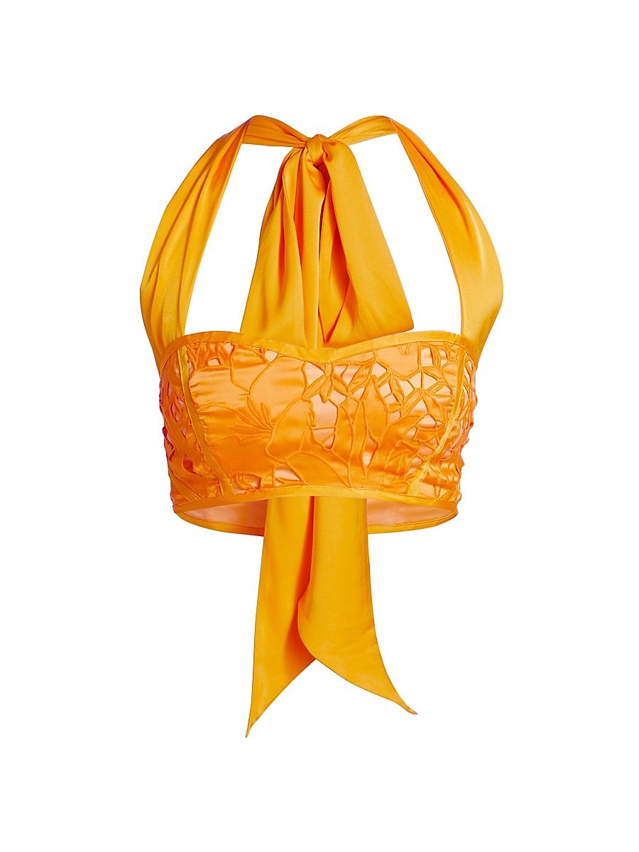 Women's Lina Embroidered Satin Crop Top - Yuzu Floral Sateen Cutout - Size 12