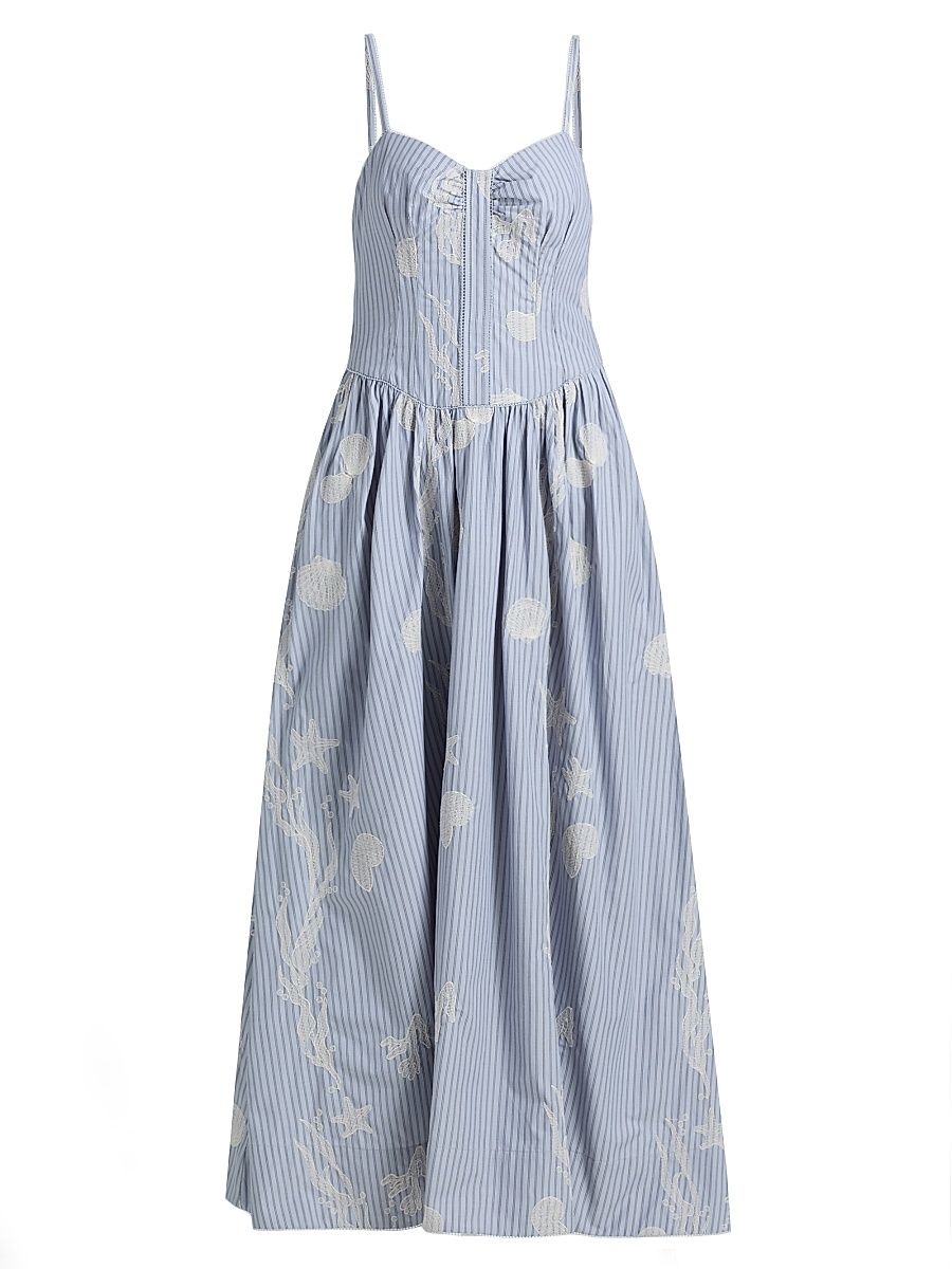 Women's Bronte Embroidered Cotton-Blend Maxi Dress - Cross Hatch Coastal Stripe - Size 0