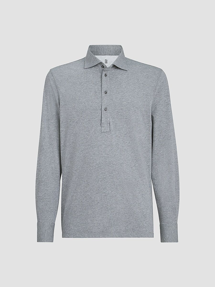 Men's Cotton Jersey Long Sleeve Polo Shirt - Medium Grey - Size Medium