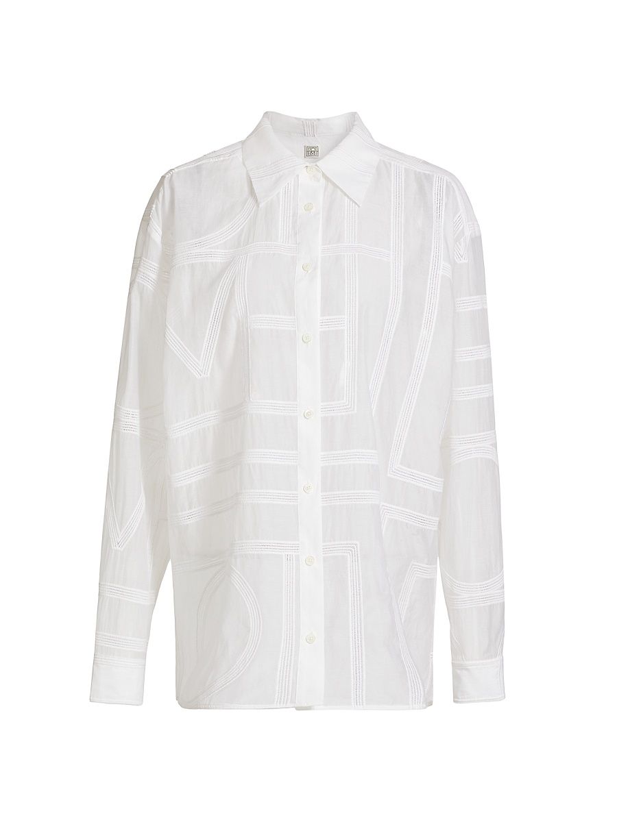 Women's Monogram-Embroidered Cotton-Silk Button-Front Shirt - White - Size 12